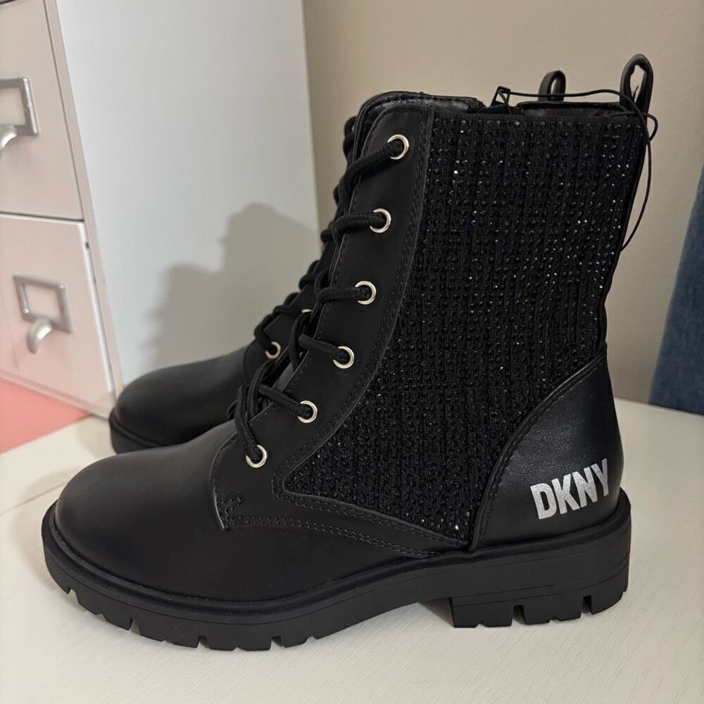 DKNY Black Faux Leather Crystal Side Zip Combat Boots Youth Girls Size 3 New - Picture 2 of 11
